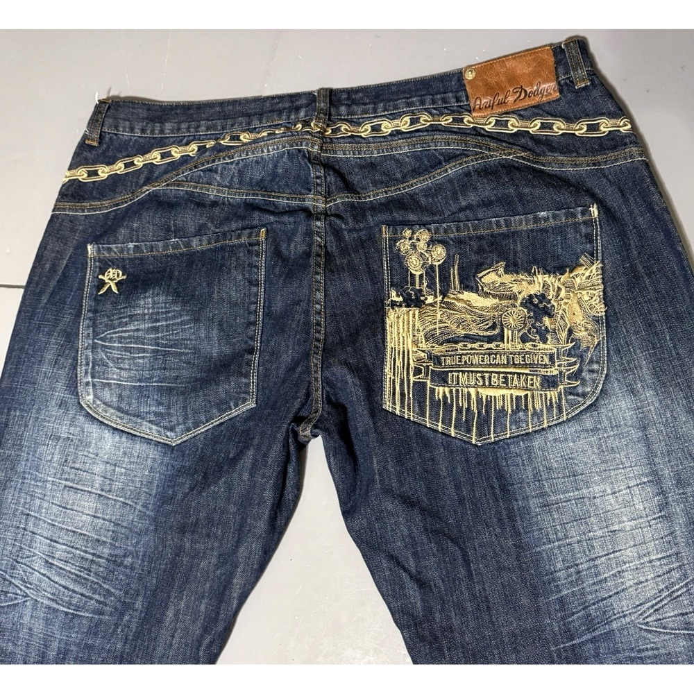 Artful Dodger 38 34 Mens Embroidered Graphic Dark Baggy Jeans Streetwear Chain